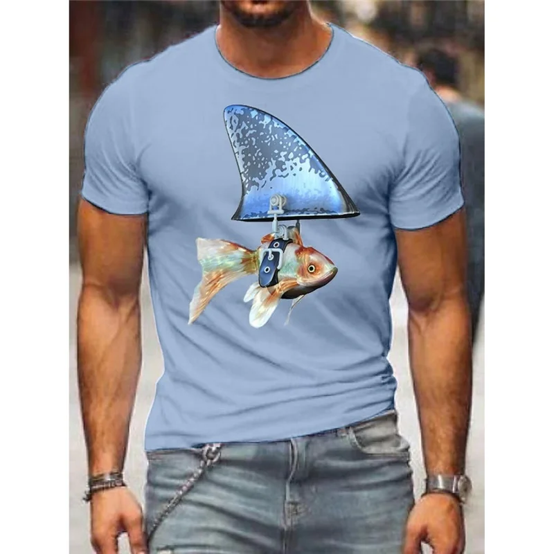 3D Print Funny Goldfish Shark Wing Graphic T-Shirt For Men Novelty Sea Creature Pattern Tees Summer Short Sleeve Round Neck Tops