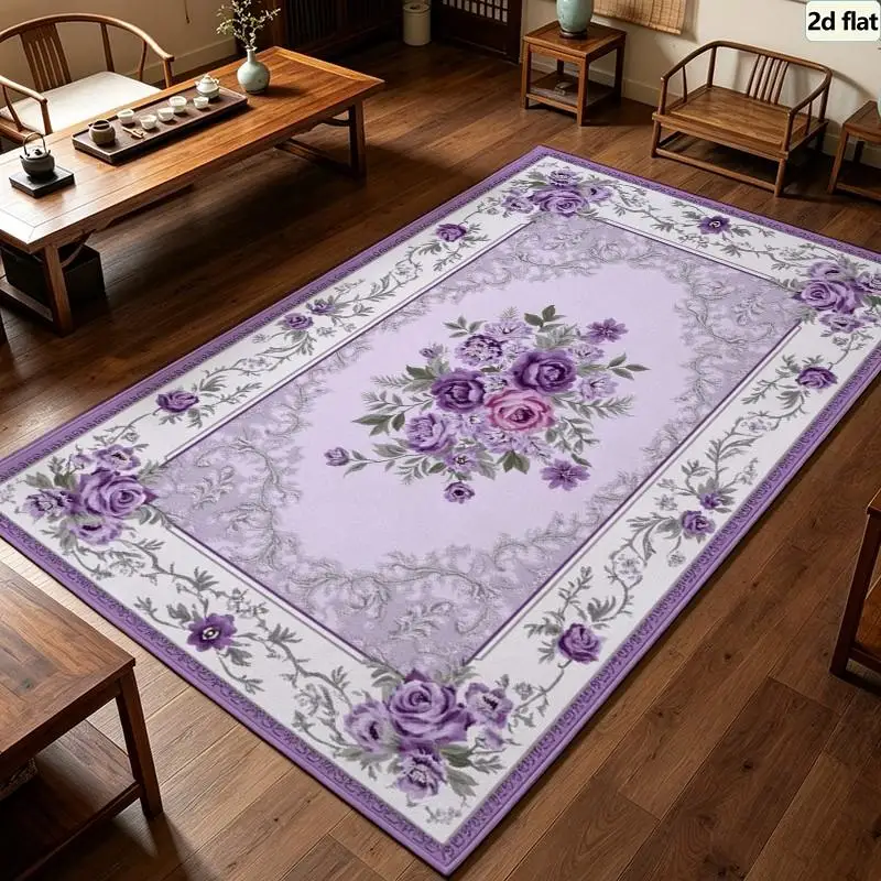 Carpet Flooring Purple Rose Floral Square Area Rug Vintage Lavender Bouquet Border Floor Carpet Home Bedroom Decor