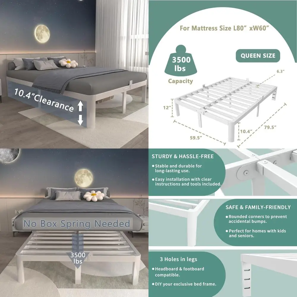 

12 Inch White Queen Metal Platform Bed, No Box Spring Required, Heavy Duty, Round Legs, Easy Assembly, Underbed Storage
