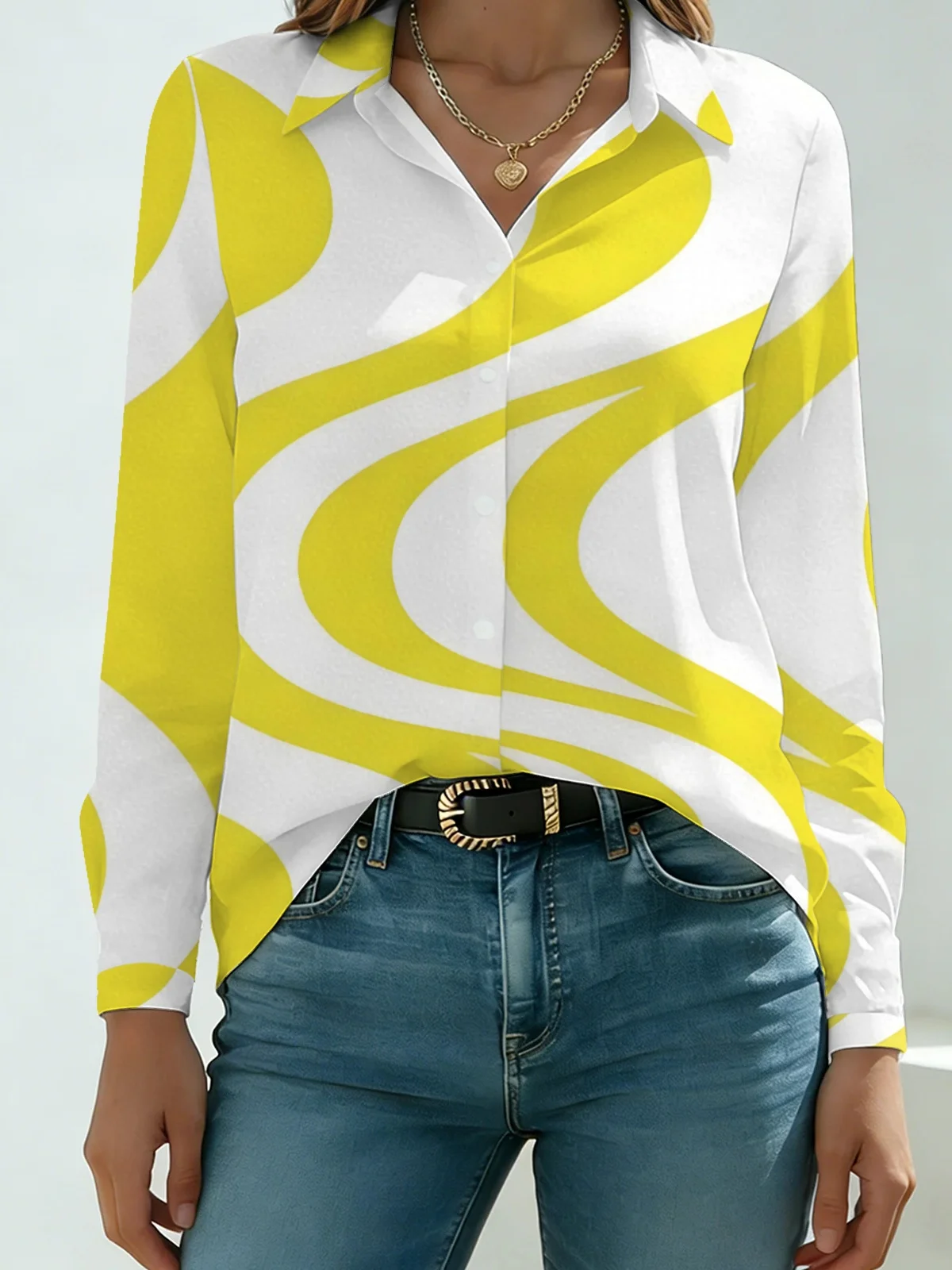 Vibrant Yellow Swirl Geometric Womens Collared Shirt Clean White Base Big Fluid Curved Allover Print Long Sleeve Spring Travel
