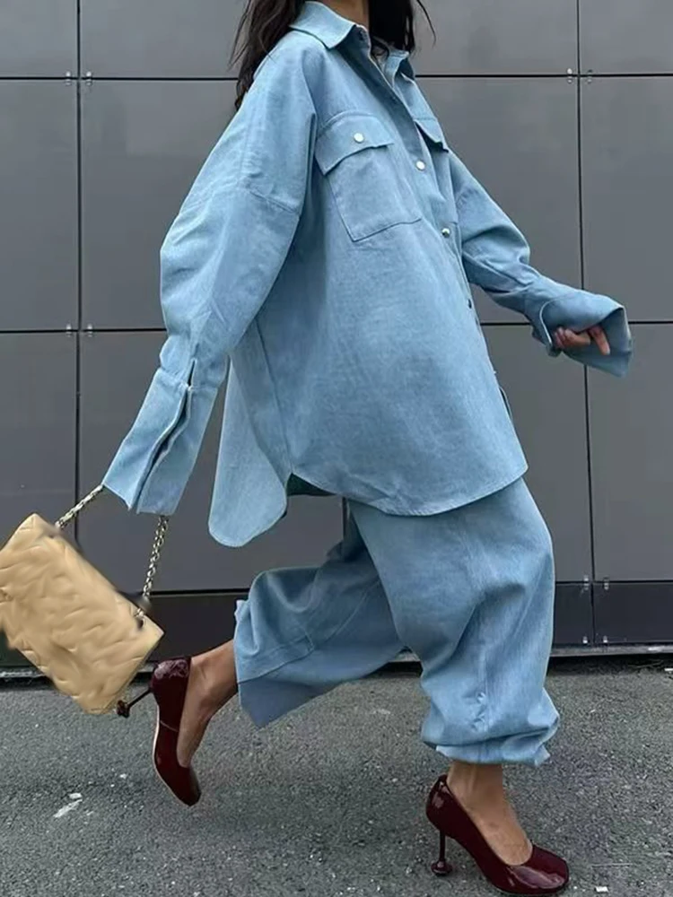 

Elegant Lapel Single Breasted Shirts & Long Pants Sets Women Casual Street Blue Denim Outfits Fashion Long Sleeve Loose 2Pc Suit