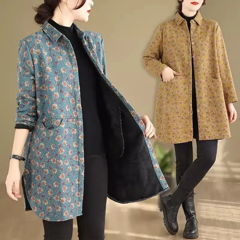 

Korean Oversized Fleece Floral Shirt Jacket Mid Length Loose Retro Printed Single Breasted Plush Coat For Women Tops Z4560