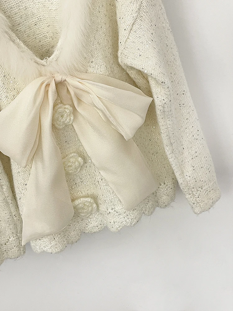Veste en tricot avec nœud à fleurs pour femme, pull ample à paillettes, en vraie fourrure de renard, longueur au dos, nouvelle collection printemps-automne