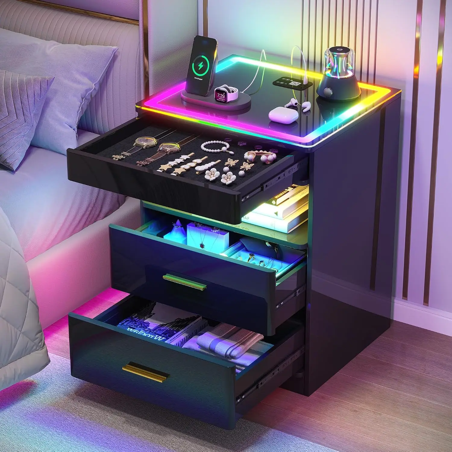 Glass Top Smart Nightstand RGB Light Human Body Induction Bedroom Side Table, Customized