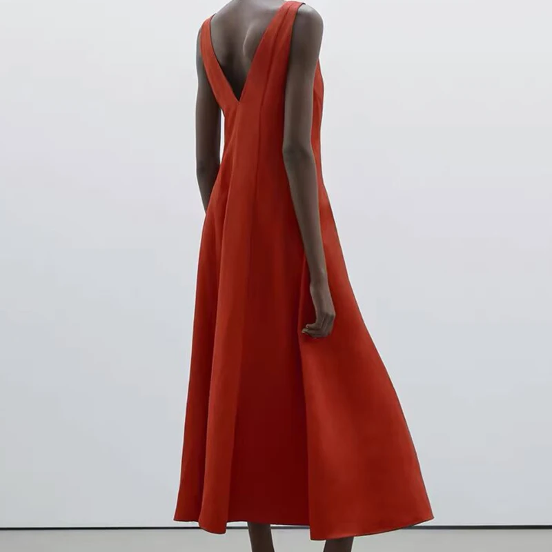 YENKYE 2025 النمط الفرنسي الكتان فستان طويل المرأة مثير عارية الذراعين الخامس الرقبة واسعة الأشرطة ألف خط فساتين الصيف عادية ماكسي فيستدوس #6