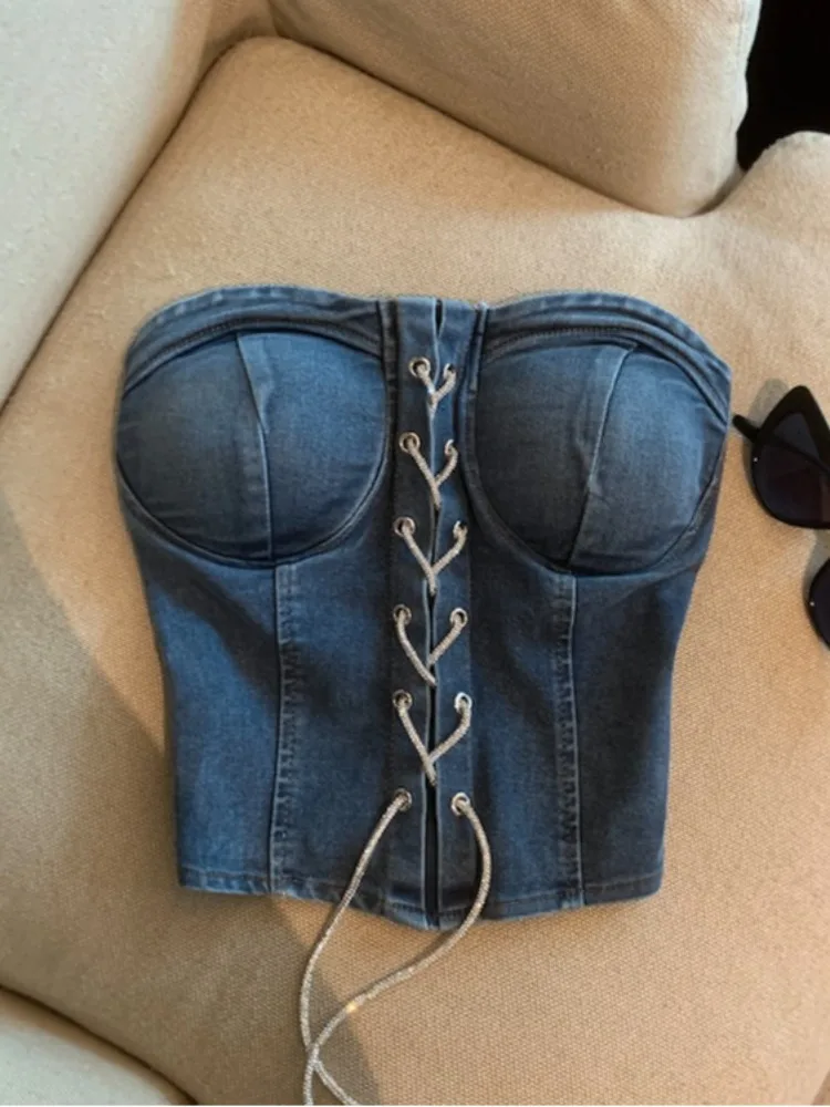 

Sexy Spicy Girl Retro Denim Tube Top Women Summer New Cross Strap Short Style Fashion Citywalk No Sleeve One Shoulder Design