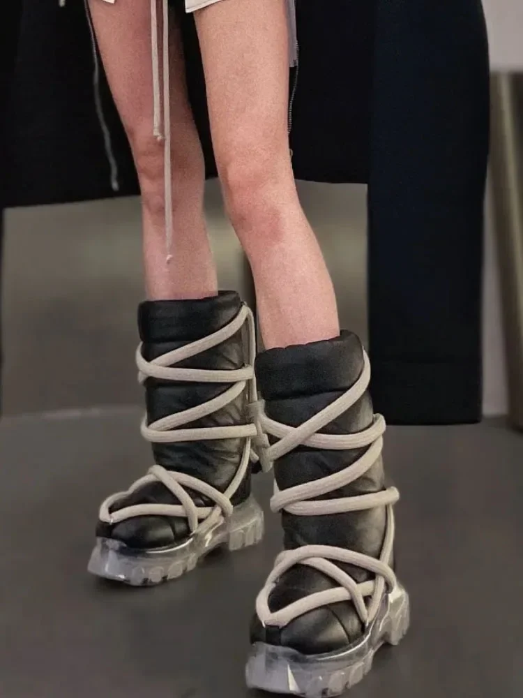 

2025 New Winter Thick Sole Mid Boots Wrapping Strap Black Genuine Leather Knee High Boots Fashion Round Toe Lace-Up Women Boots