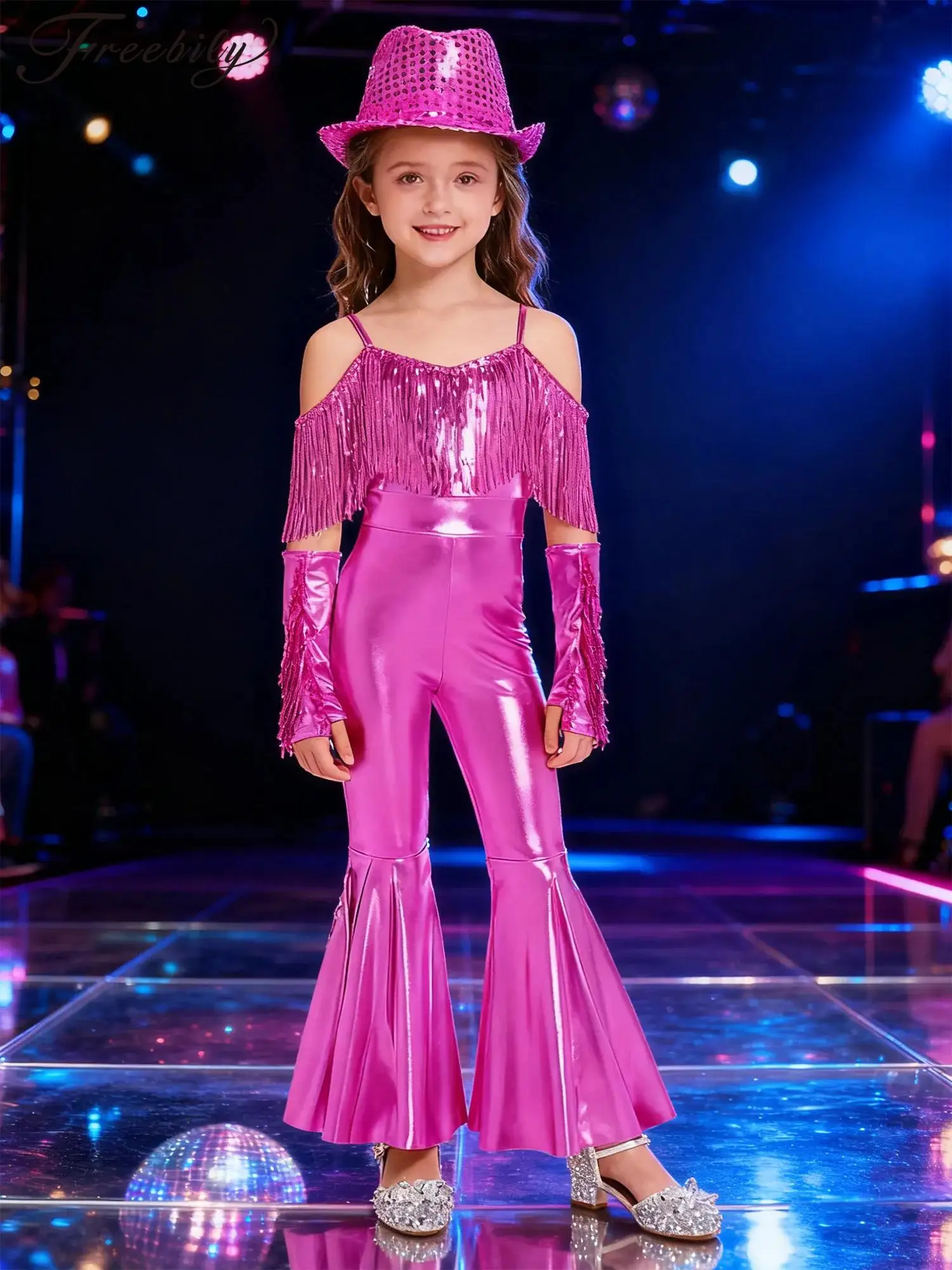 

Kids Girls Shiny Hippie 70S Disco Party Romper Jazz Costume Sequin Flared Jumpsuit Children Tassels Metallic Dancing Dancewear