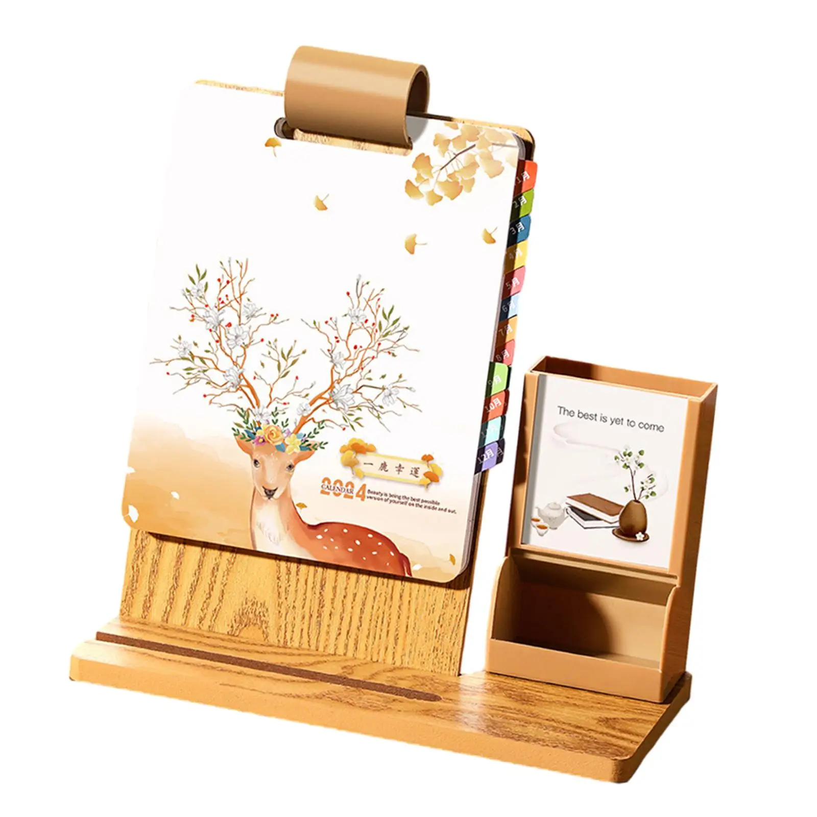 Маленький настольный календарь 2024 с держателем для ручек, держатель для телефона, флип-календарь из дерева, настольный календарь из толстой бумаги, памятные страницы, стоячий флип