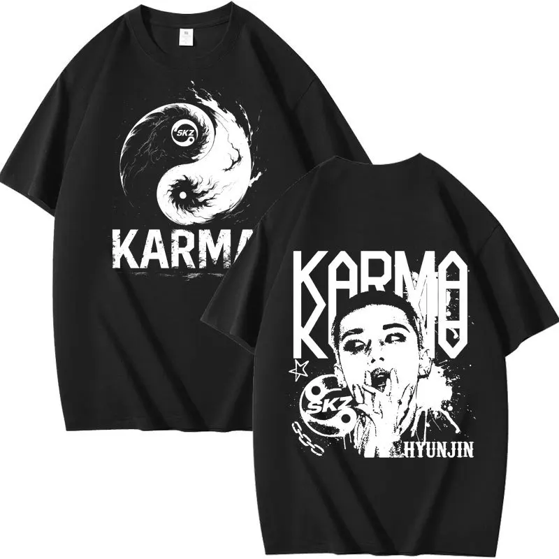 تي شيرت KPOP The 4th Album KARMA كبير الحجم تي شيرت FELIX BANGCHAN CHANGBIN HYUNJIN SEUNGMIN LEE KNOW K-POP تي شيرت جرافيك بأكمام قصيرة