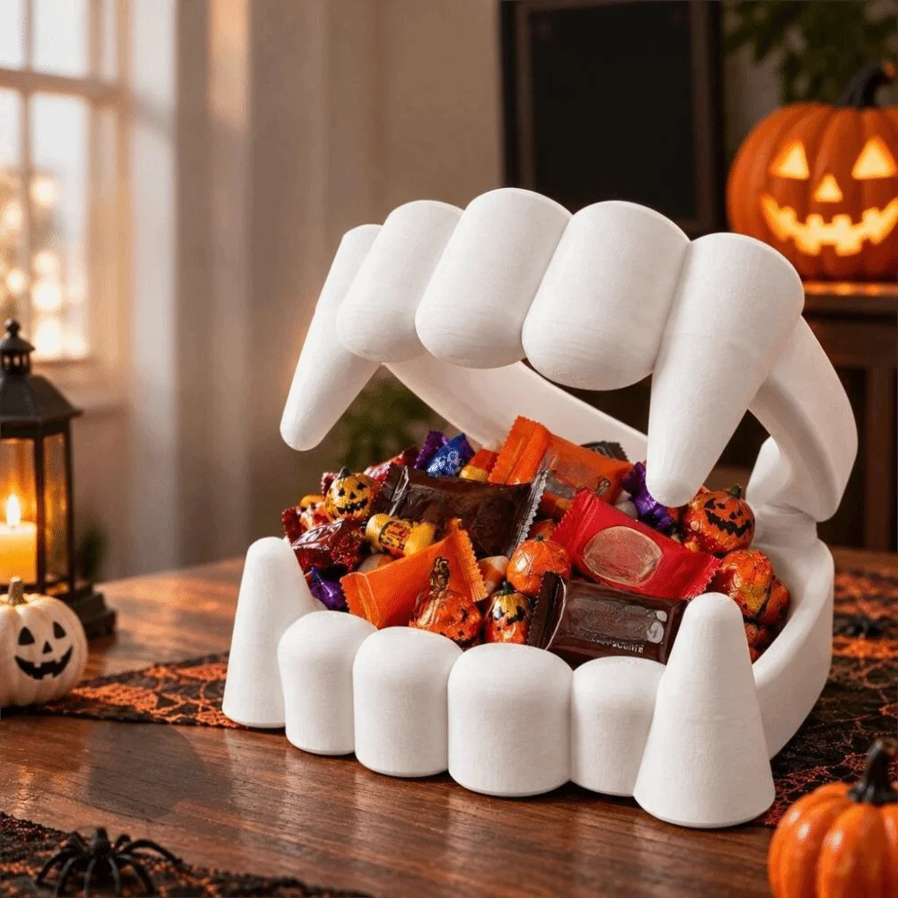 3D Printing Bloodsucker Teeth Candy Bowl White Plastic Halloween Dentures Candy Bowl Decorative Bloodsucker Teeth Desk Ornament