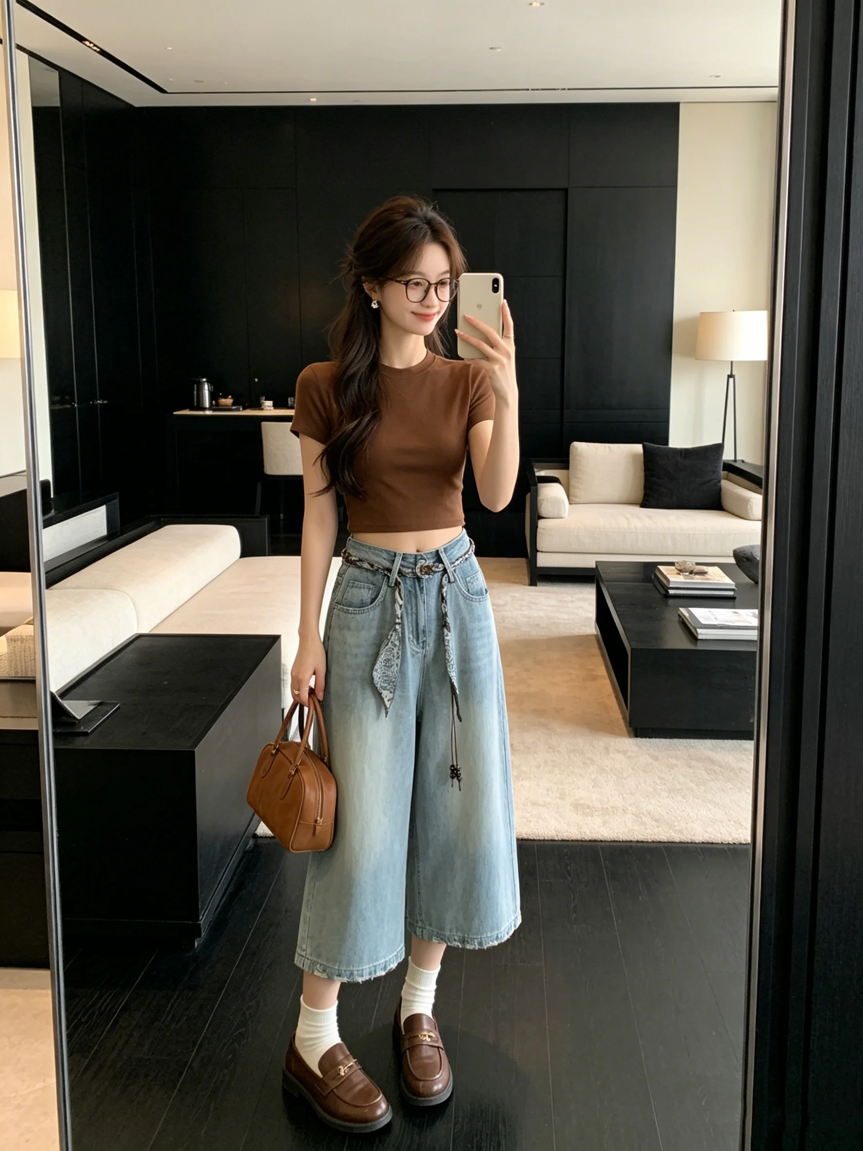 

Retro Korean Style Distressed Denim Wide Leg Pants Loose Fit Summer Slimming Casual Jeans High Waist Pocket Detail