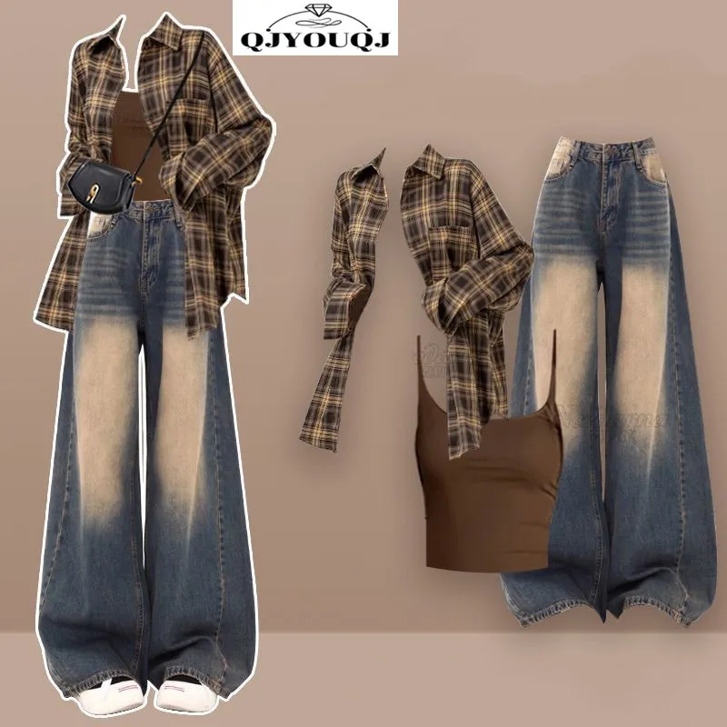 

2025 Spring/Summer Korean Edition New Women's Checkered Shirt+Fashion Strap+Slimming Jeans 3-Piece Set