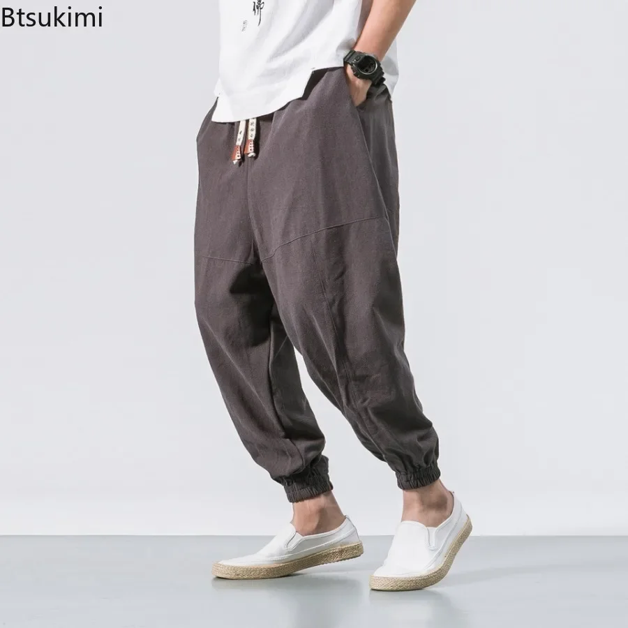 New Men's Cotton Linen Pants Chinese Style Loose Casual Solid Harem Pants Men Elastic Waist Drawstring Sweatpants Joggers Pants