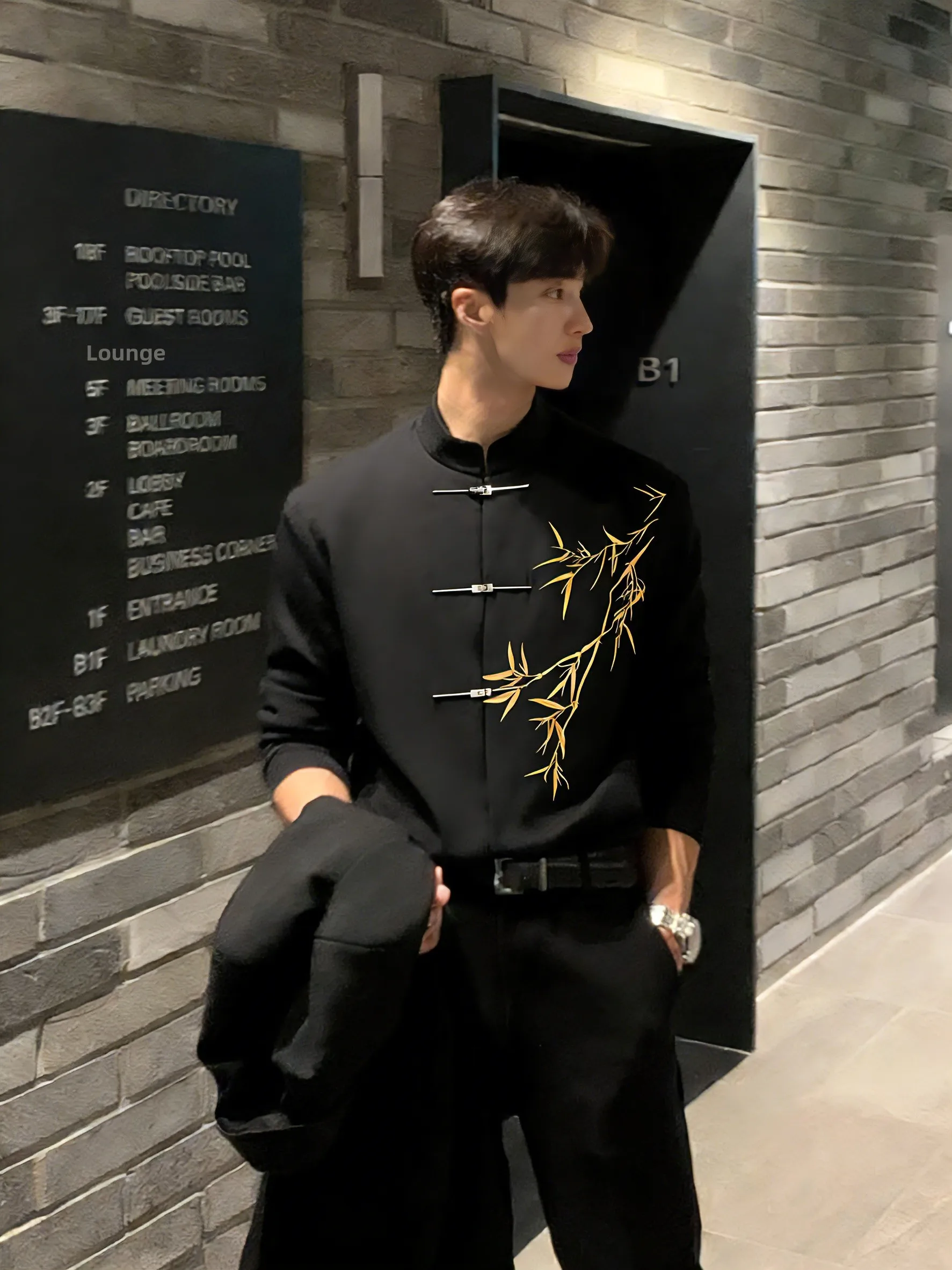 

New Chinese Sle Men's Suit Set Bamboo Le Embroidery oulder Pad Spring Autumn Faionable Casual Lapel Jaet Coat