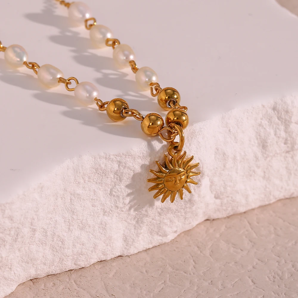 E.B.belle Freshwater Pearl Gold Color Beads Chain Stainless Steel Necklace Optimistic Sun Pendant Necklace For Woman Gift