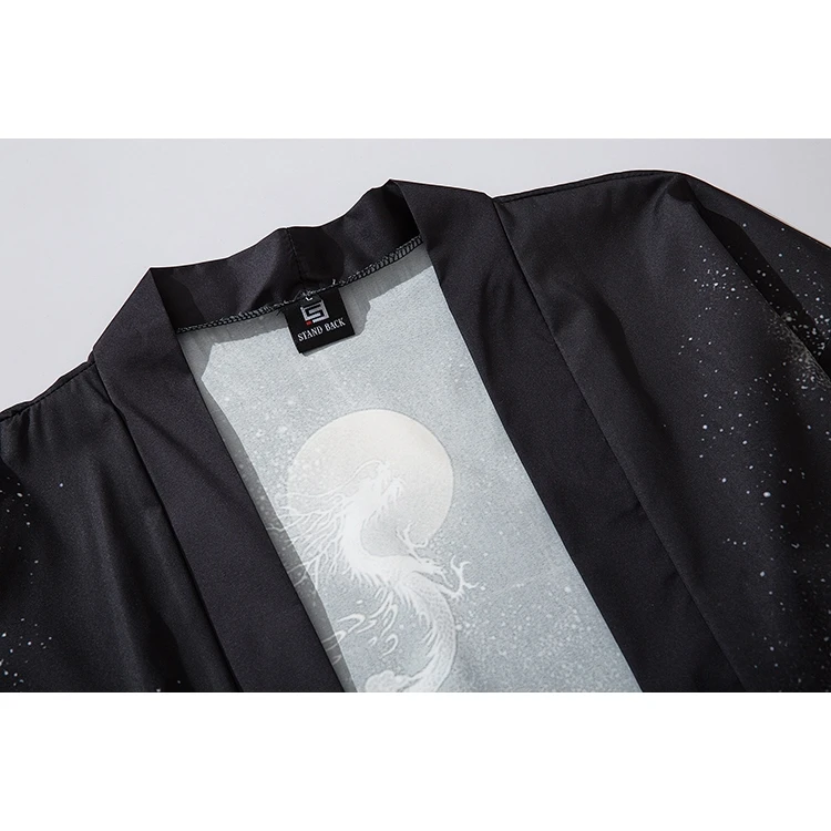 التنين الصيني الأسود ارتفاع الشمس فضفاض موضة Harajuku اليابان كيمونو الخارجي للنساء والرجال ملابس خارجية ملابس الشاطئ