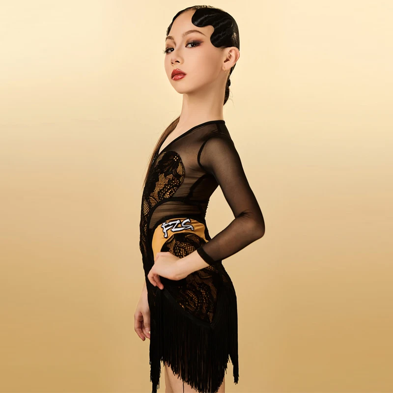 子供用メッシュドレス,フリンジドレス,プロのラテンダンスドレス,サンバチャチャ,パフォーマンスコスチューム,女の子用,sl11866
