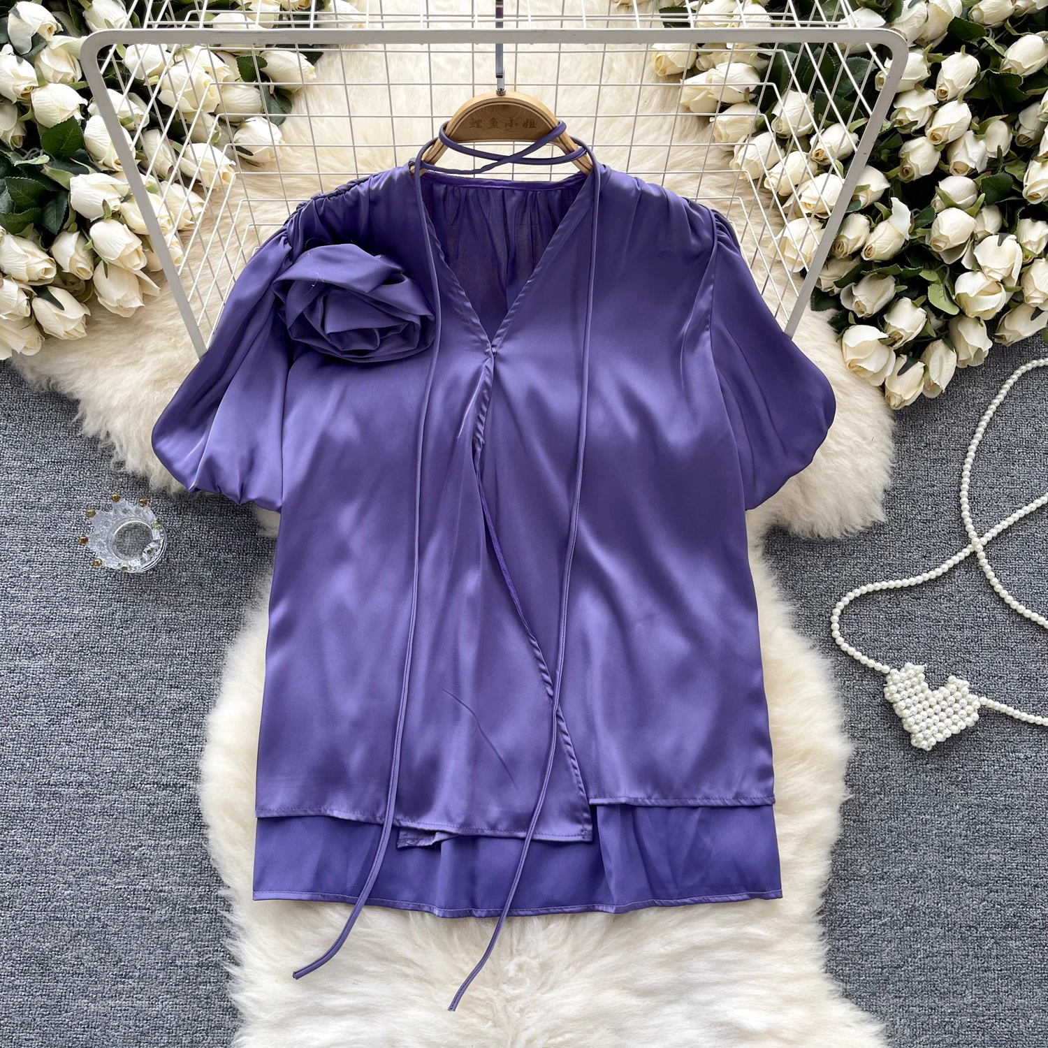 Chic Bandage basics Blouse Three-dimensional flower puff sleeve Slim satin Korean Fashion Top Summer sweet Women Shirt