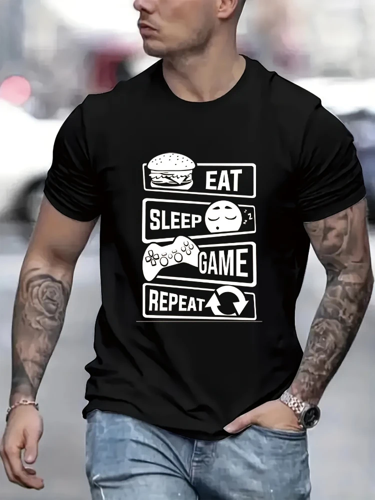 

«Eat Sleep Game Repeat» Стильный дизайн с рисунком — летняя повседневная футболка из 100% хлопка с круглым вырезом и короткими рукавами с принтом.