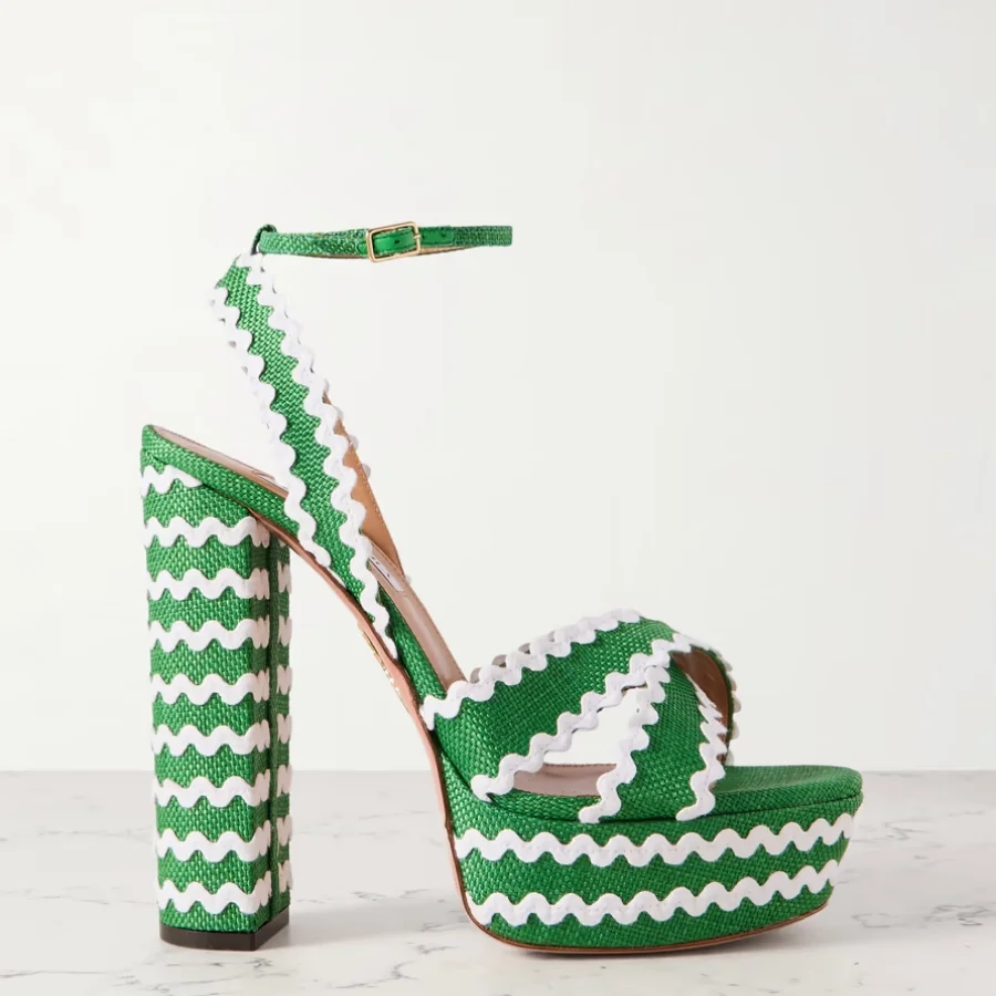 

Green And White Palette Chunky Platform Soles 140mm Block Heels Raffia Platform Sandals