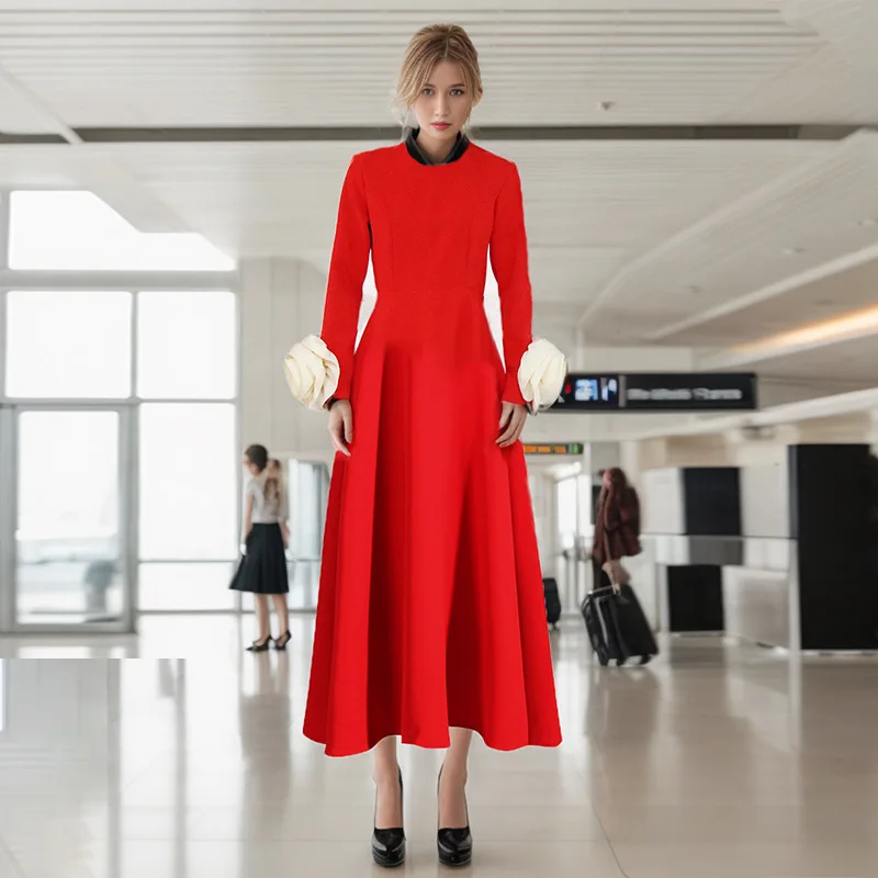 

French temperament elegant style new fashion splicing three-dimensional rose waist thin dress simple luxury high-end resort styl