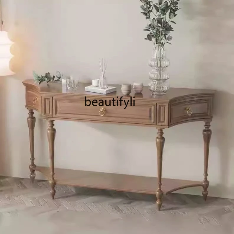 

A36 French retro solid wood curved small apartment foyer entrance table medieval decorative cabinet living room sofa back few