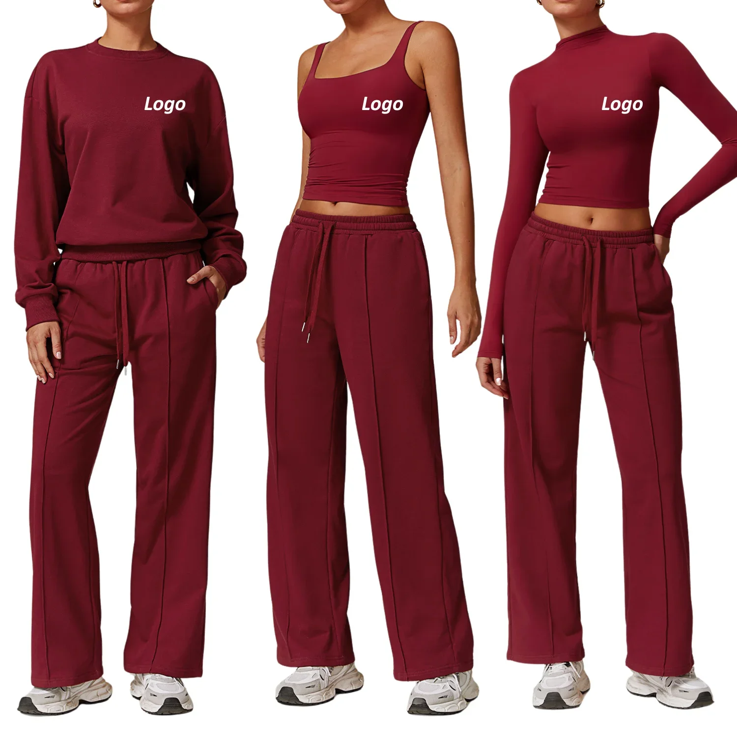 Custom Logo Women's 2 Piece Lounge Set Long Sleeve Crop Top Sweatshirt Wide Leg Pants Casual Activewear Tracksuit