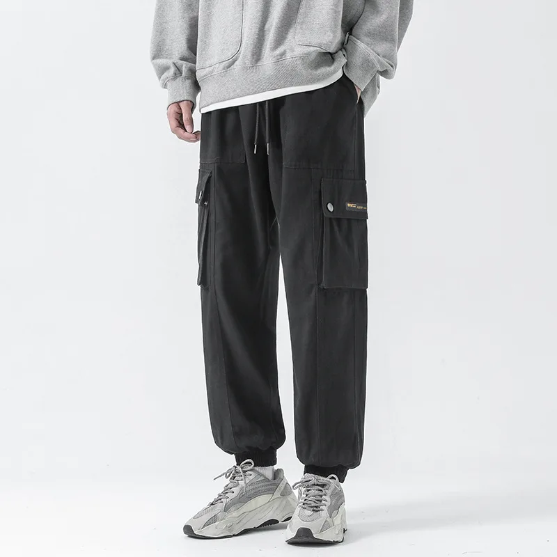 Men's Casual Cargo Pants with Pocket, Male Trousers, Streetwear, Loose Jogging Sweatpants, Monochromatic, Spring, Autumn