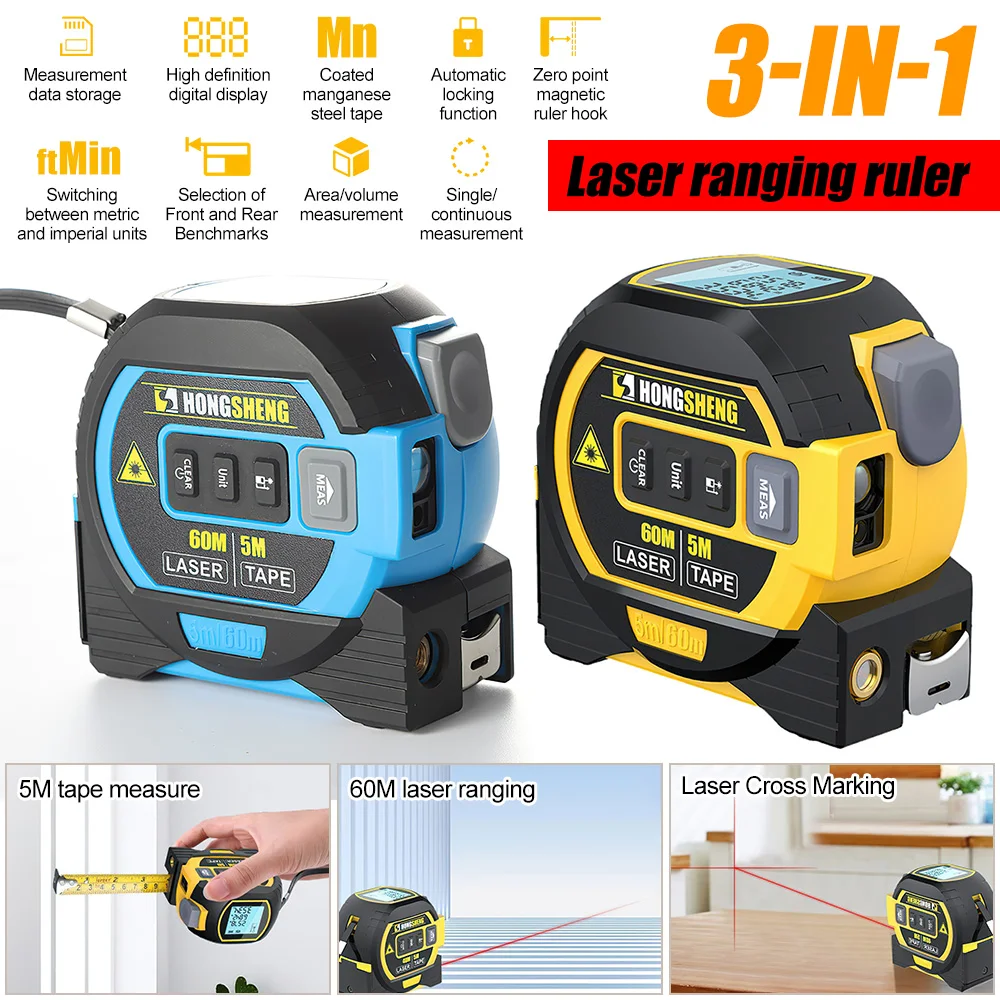 3 in 1 60M Laser Rangefinder 5M Tape Measure Ruler High Precision Laser Distance Meter LCD Display with Backlight Measuring Tool