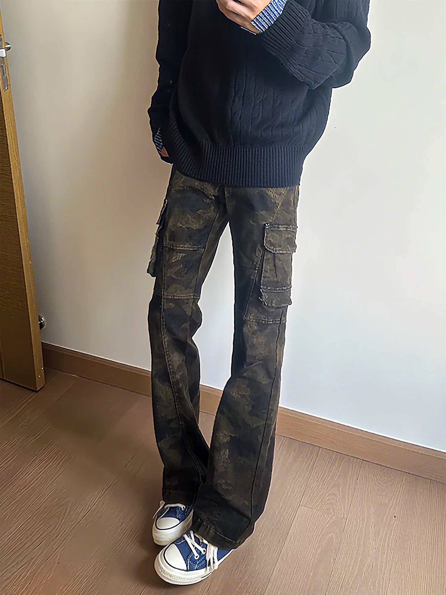 American Style Vintage Camouflage Men's Jeans High Street Vibe Workwear Pants Slim Straight Leg Micro Flared Trousers