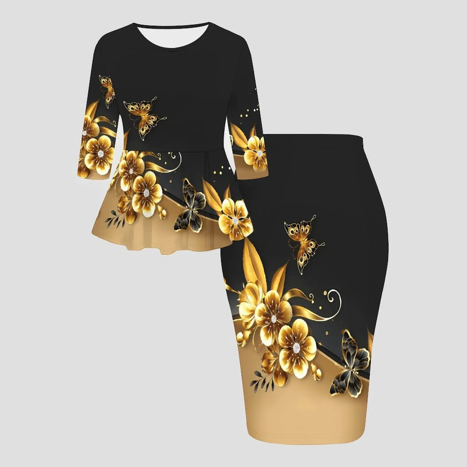 Retro elegant printed party two-piece set autumnand winter crew neckthree-quarter sleeve  ladies tight-fitting knee-length skirt