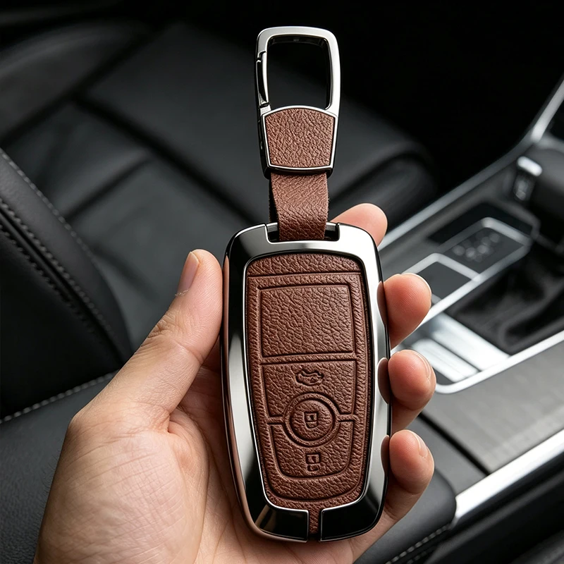 Zinc Alloy Leather Car Key Case Cover  For Ford Edge Fusion Mustang Explorer F150 F250 F350 Ecosport Auto Shell Accessorise