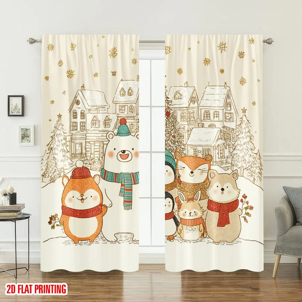 2 قطعة 2D الطباعة المسطحة عيد الميلاد سعيد أزياء الستائر لطيف عيد الميلاد الحيوانات الثلج عطلة الرقمية المطبوعة البوليستر #6