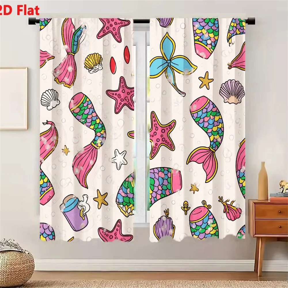 2Pcs Curtains 2D Flat Whimsical Pastel Underwater Pattern With Mermaid Tails Rainbow Scales Starfish Seashells Sea Anemone Potio