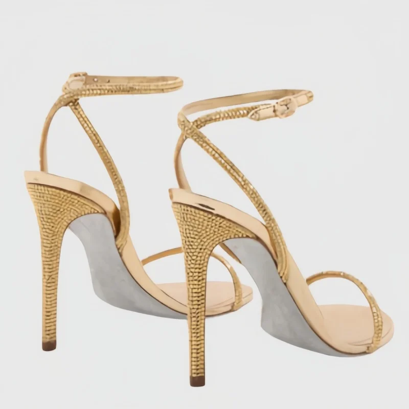 Gold Metallic Rhinestone Thin Ankle Strap Stiletto Sandals Open Round Toe High Heels Elegant Luxury Wedding Party Dress Shoes