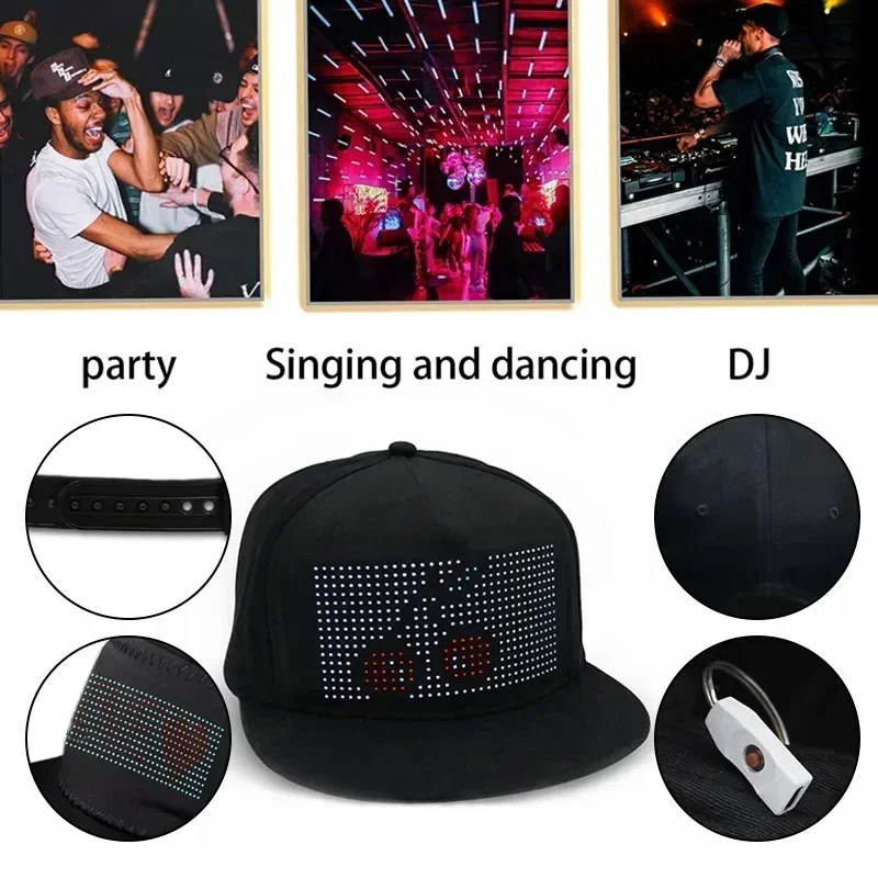 RGB LED Lighting Hat Bluetooth Programmable Hip Hop Cap Hat Halloween APP Control Editing Hat for Festival Party Club Christmas