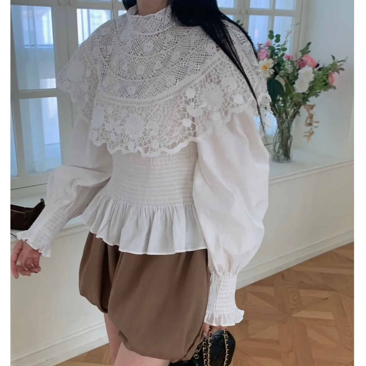 Coreano Sle Chic mujer larga Sve irt pesado bordado encaje empalme dulce corte Sle Top viaje Sle Regular Sve