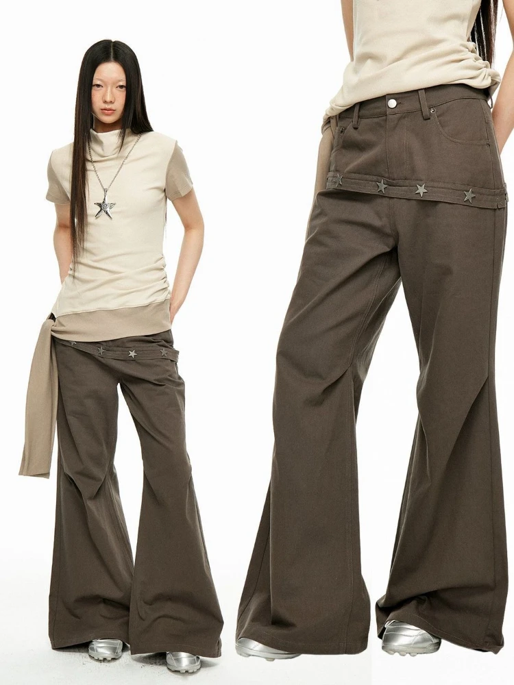 

HOUZHOU Vintage Brown Baggy Jeans Women Star Rivet Y2k Hip Hop Straight Denim Trousers American Retro Grunge High Street Jeans