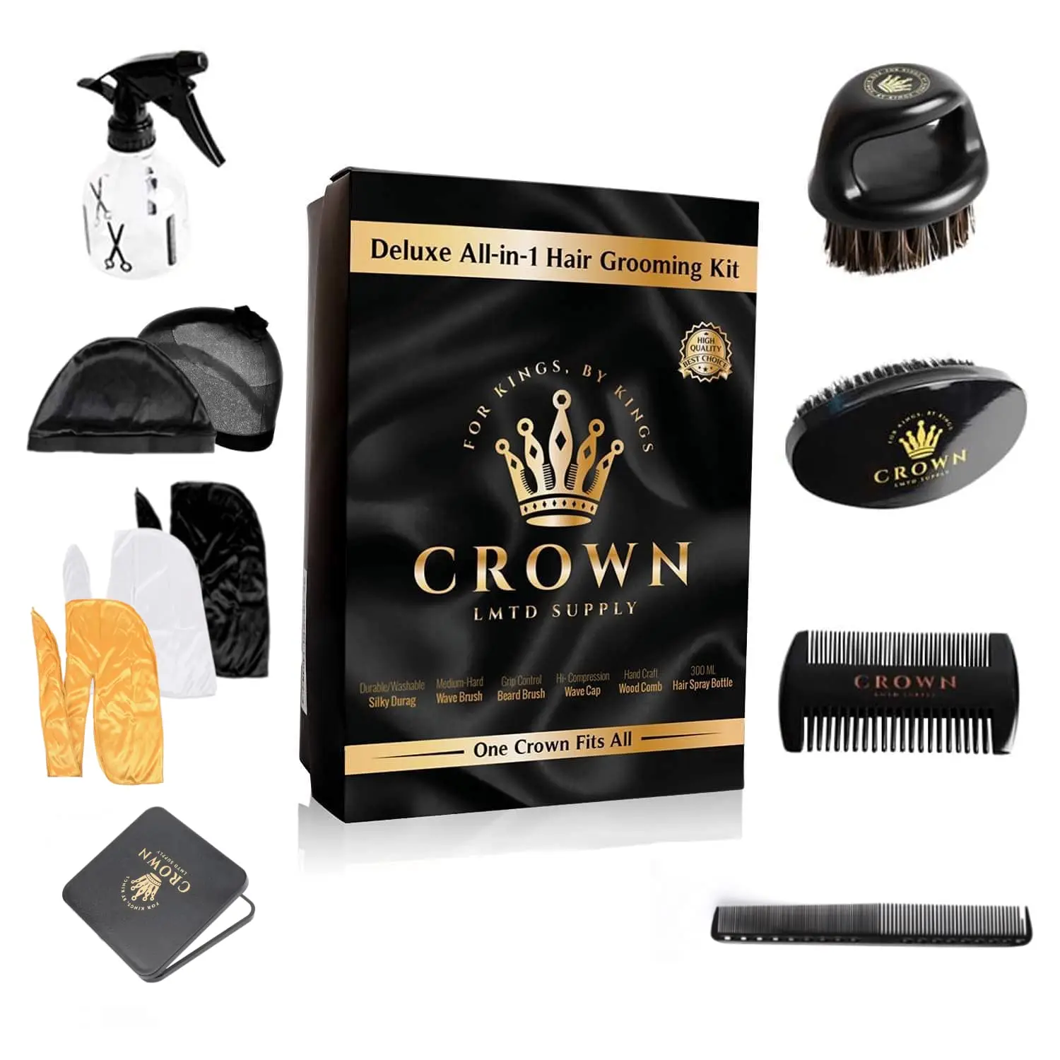 

11-in-1 Men's Hair Care Set with Durags, Wave Brush, Beard Brush, Comb, Spray Bottle, Caps & Mirror