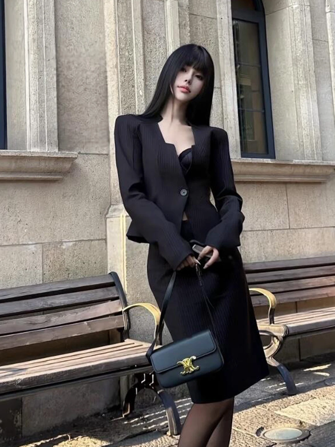 

Sexy Ladylike Black Stripe Short Suit Jacket Square Collar Women's Fashion Set Polyester Fiber Long Sleeve Slim Fit Style