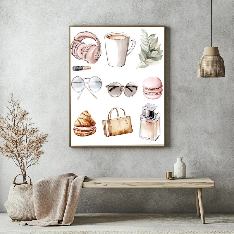 

Stylish Watercolor Fashion Elements Wall Art Headphones Coffee Macarons Bag Hot Selling Living Room Decor