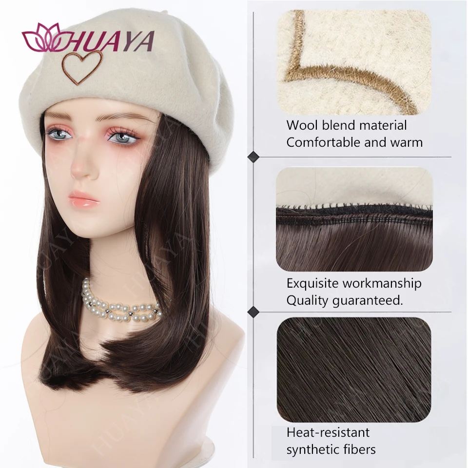 Women's Synthetic Hat Wig With Beret Medium Long Hair Autumn Winter Hat Hair Extensions Hair Accessories