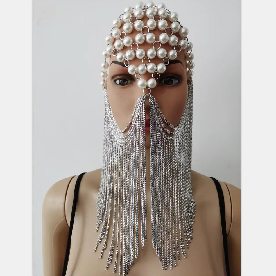 

New Exaggerated jewelry mask Headgear Costume Accessories Bar Ds Female Singer Stage Dance Imitation Pearls Chain Wig Headdress