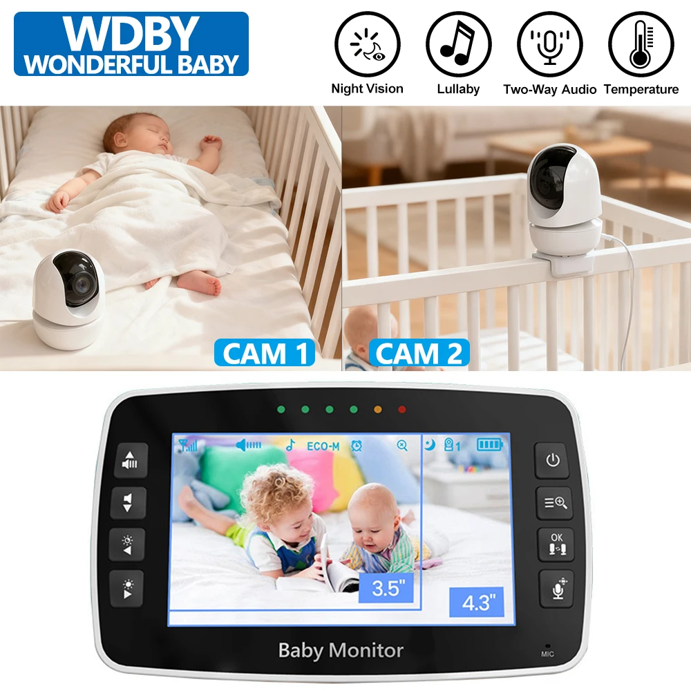 

Беспроводная видеоняня с 2 камерой, 4,3-дюймовым экраном, 4,0-кратным зумом, ИК-ночным видением, двусторонние разговорные колыбельные колыбельные для родителей