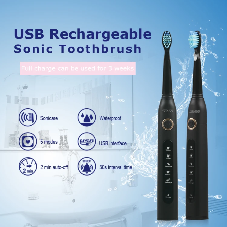 Seago Sonic Electric Toothbrush USB Rechargeable Brushes Waterproof Soft Bristles Teeth Whitening Smart Timer Adult Oral Health