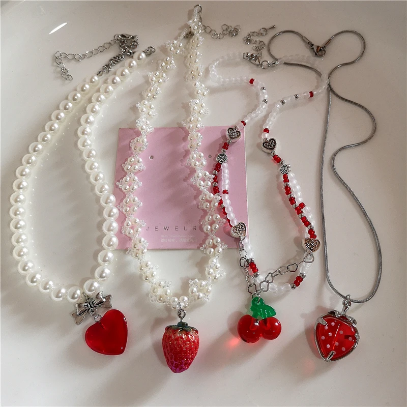 Goth Y2k Aesthetic Cherry Strawberry Pendant Pearl Beaded Necklace For Girl Vintage Cute Kawaii Charms EMO Jewelry Accessories