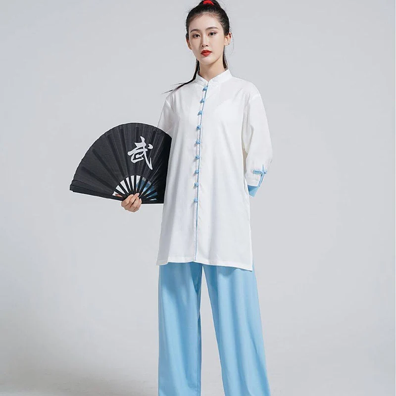 Premium Women's Summer Lightweight Breathable Short-Sleeve Linen-Cotton Tai Chi Practice Uniform Color-Contrast Design
