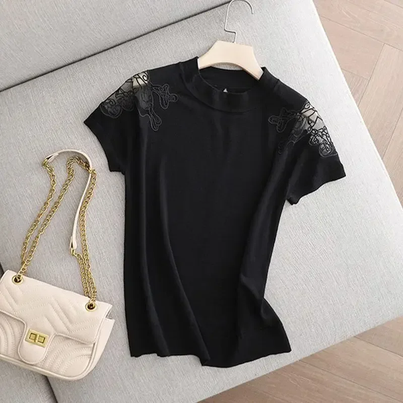 Fashion Embroidery Spliced Lace Gauze Blouse Women Clothing 2024 Spring New Casual Pullovers Tops Loose Commute Shirt N270