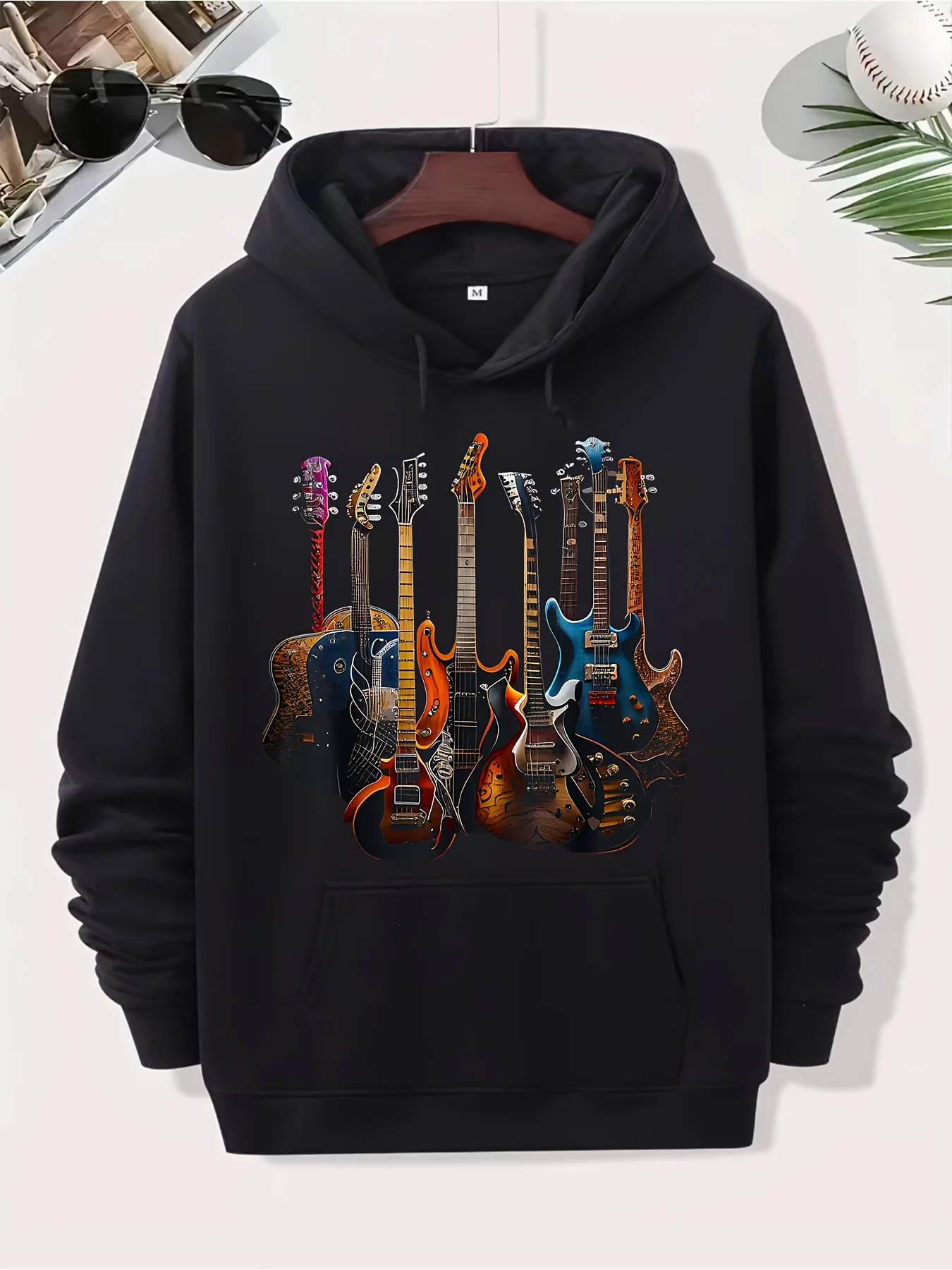 Electric Guitar Pattern _Upscayl_4X_ Digital Arts - 4X (2) Classic Black Pullover with Kangaroo Pocket, Blended Fabric, Perfect for Game Days and Men's and Women's Casual, Hoodie, Urban Fashion, Marginal Aesthetics, Comfort Edition, Fashion Lovers